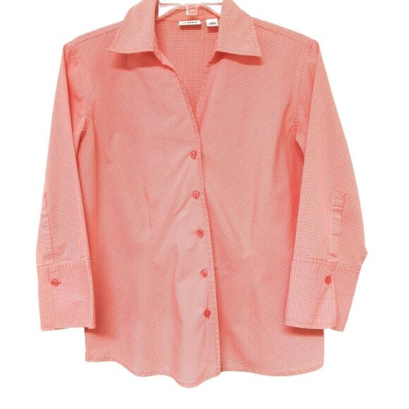 Cato Orange Checked Blouse 🧡🤍 Button Down Shacket Small 3/4 Sleeve Lightweight - Picture 3 of 15